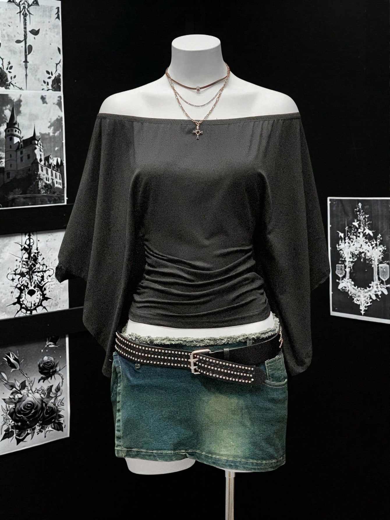 EgrlEra Women's Off Shoulder Cinched Waist Vintage Punk Style T-Shirt