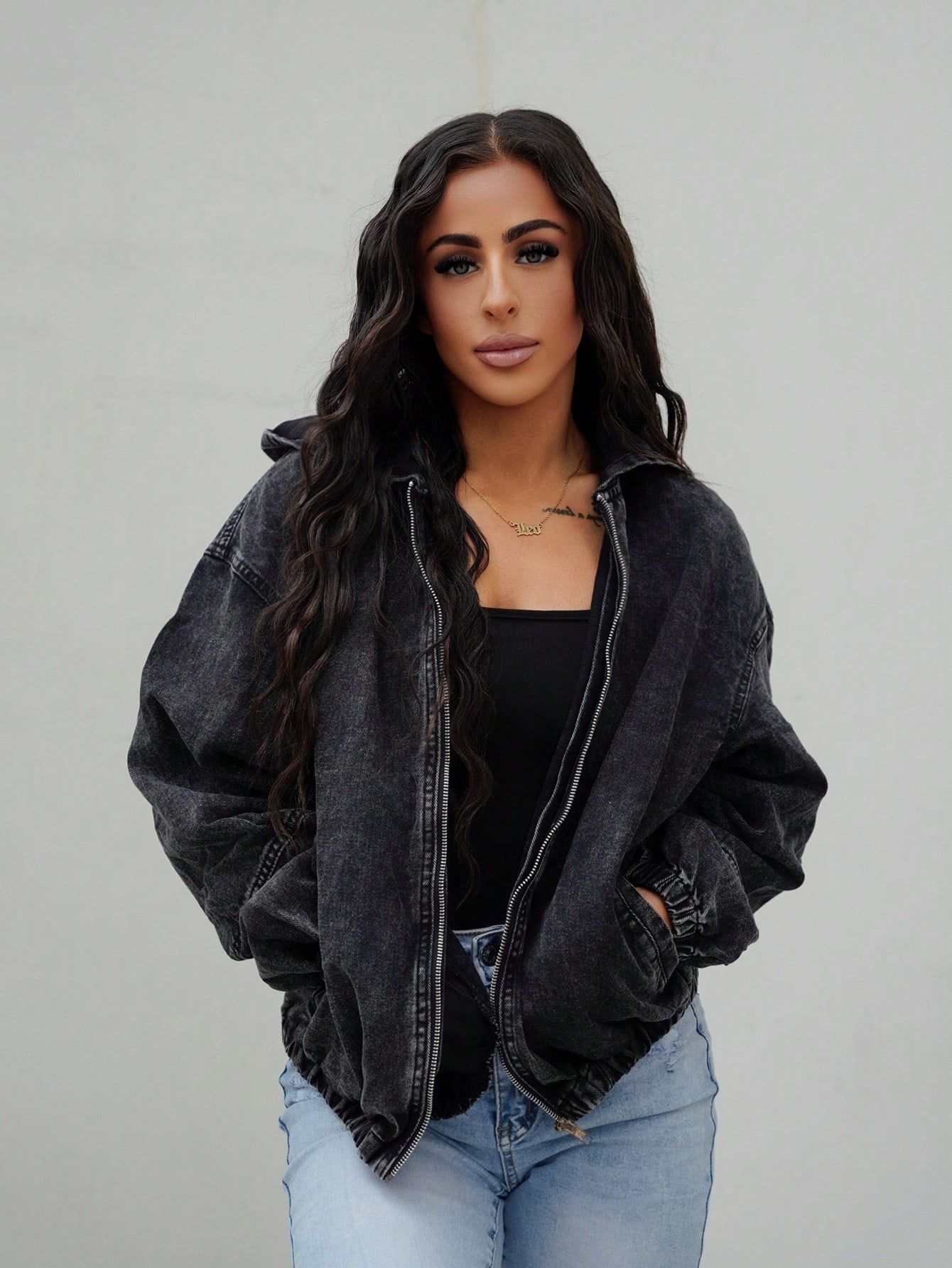 SAYEHFBABY Women Front Zip Long Sleeve Minimalist Denim Jacket, Casual Daily Wear Y2k