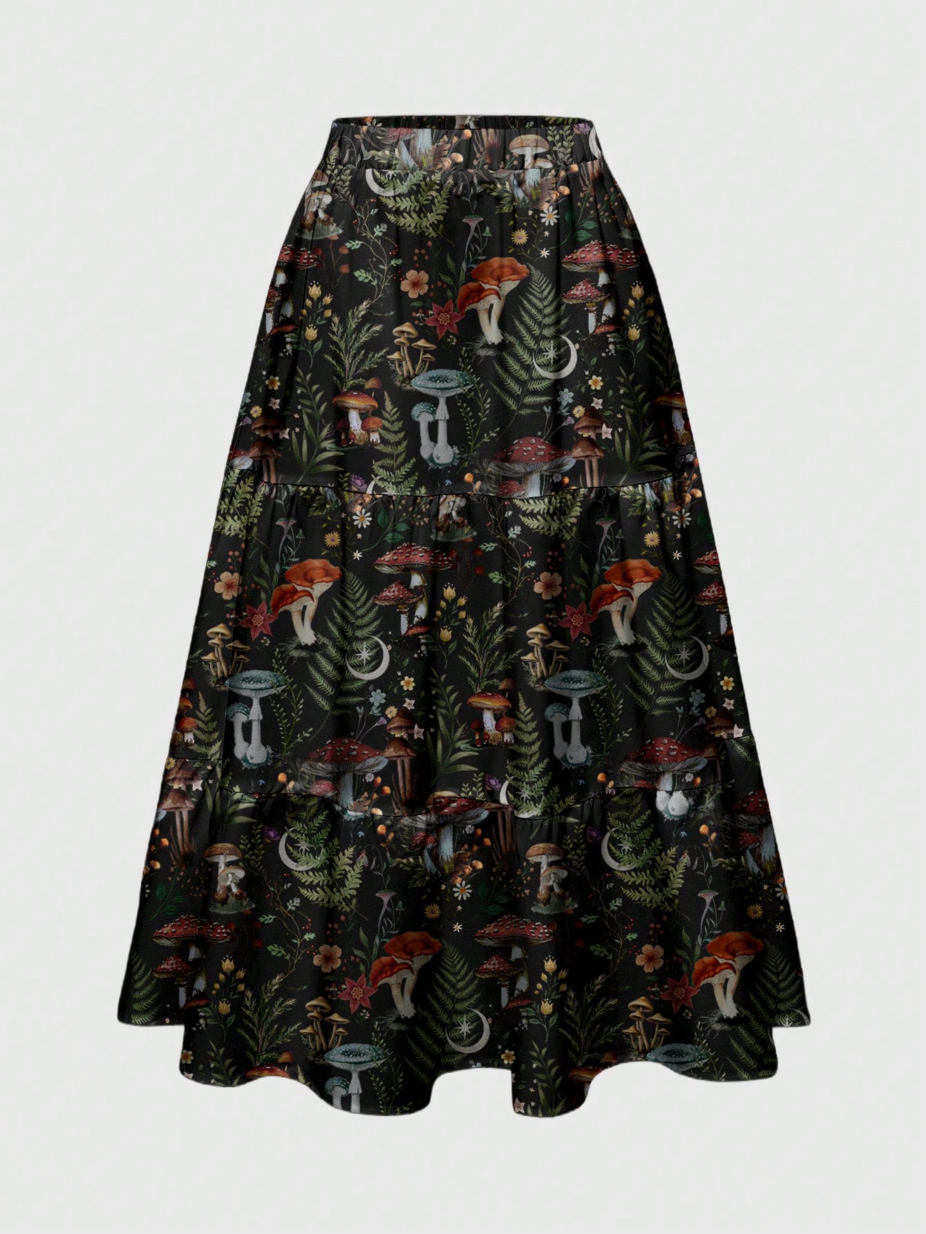 ROMWE Fairycore 3-Layer Women Mushroom & Leaf Allover Print Goth Skirt With Sun, Moon & Star Patterns, Autumn/Winter