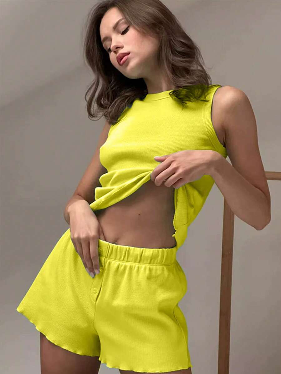 2pcs/Set Women Summer Solid Color Casual Fashion Sweet Round Neck Sleeveless Top And Shorts Loungewear Set, Suitable For Home Use