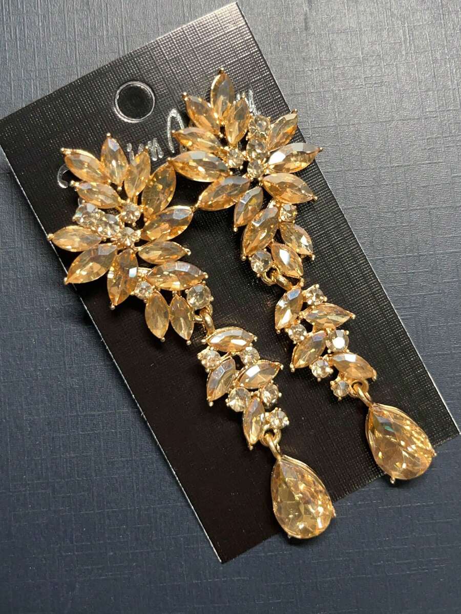 1 par de pendientes colgantes de lujo con cristal y strass con forma de hoja y gota de agua, adecuados para mujer en bodas, galas, actuaciones y accesorios de fiesta