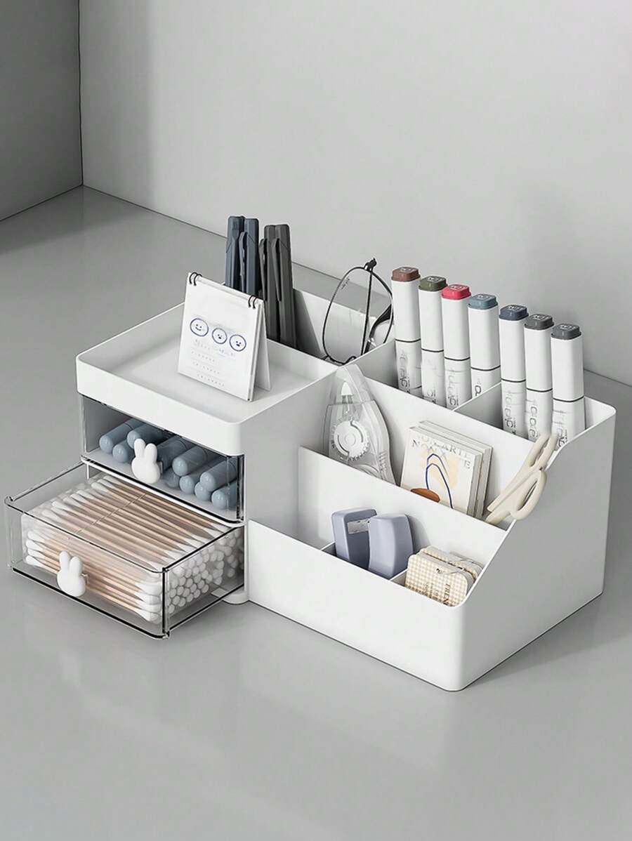 1pc White Rabbit Shaped Storage Box, Makeup Organizer, Stationery Holder, Desk Drawer Organizer For Home, Office, Dorm
