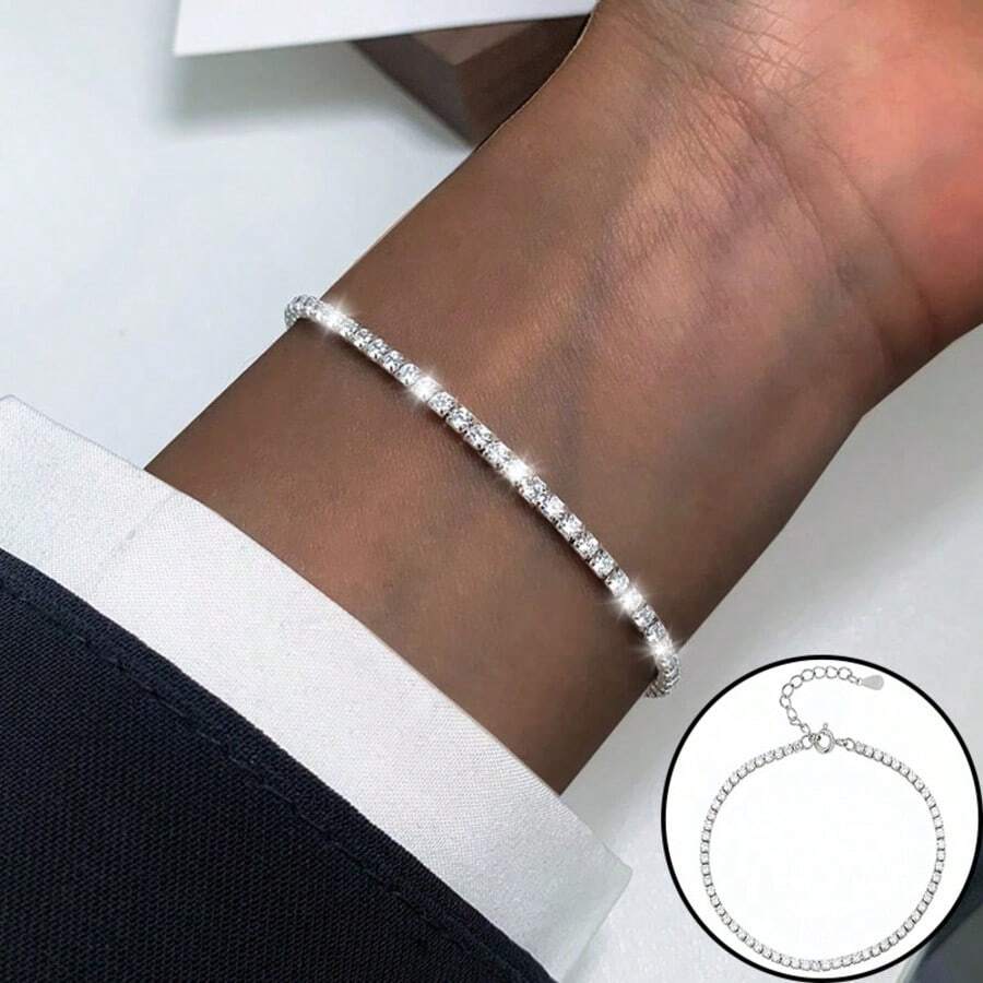 925 Sterling Silver Tennis Bracelet For Women, Cubic Zirconia Sparkling 2mm Thin Adjustable Chain, Elegant Fashion Accessory, Valentine's Day Gift