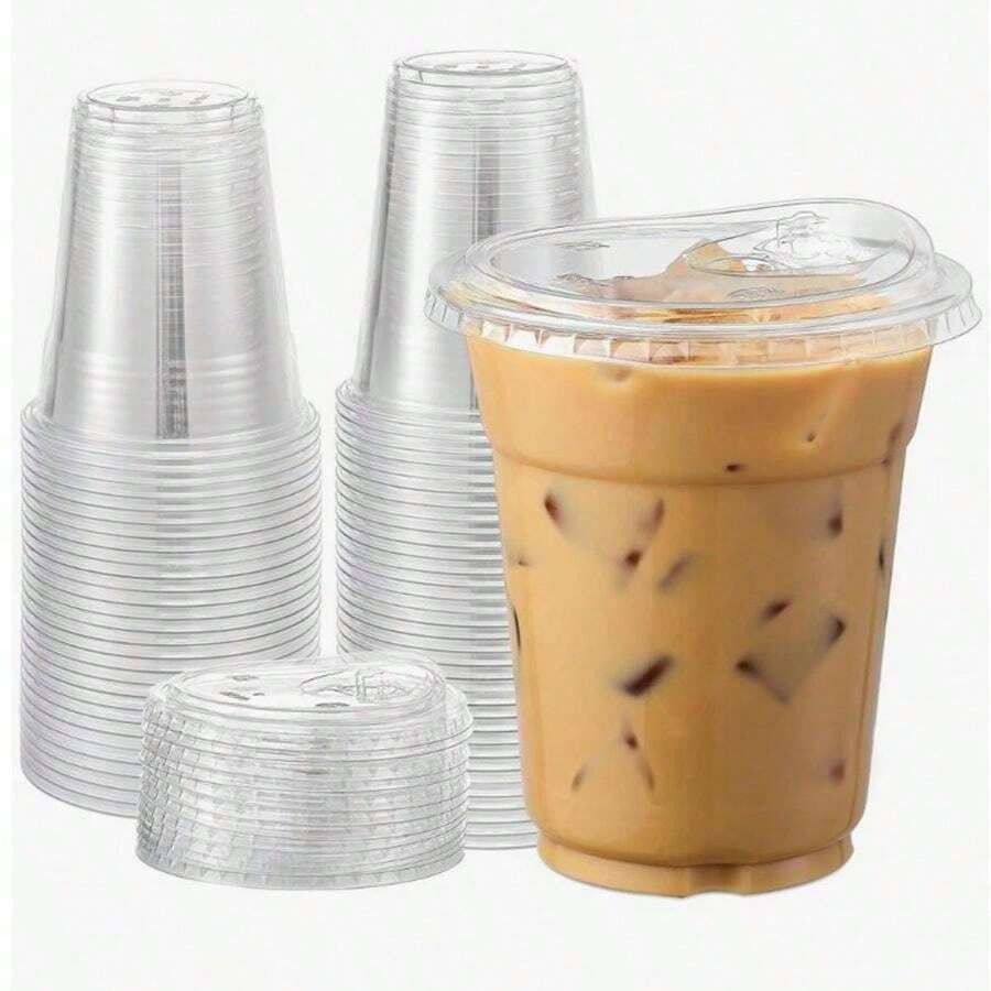 50/40/30/20/10pcs Reusable Transparent Plastic Cups With Lids, Suitable For Ice Cream, Coffee, Juice And Beverages, Great For Wedding Parties