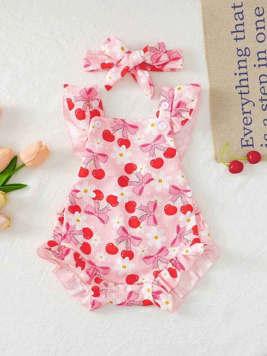 Cute Baby Girl Cherry Print Ruffled Edge Romper, Adorable Pink,Perfect Gift For Baby