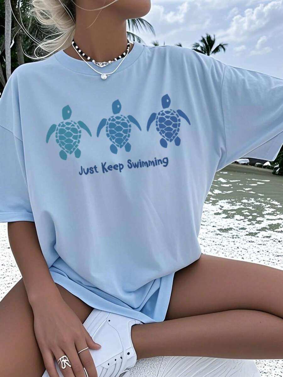 1 Pc Girls Casual Turtle Graphic Print Round Neck Short Sleeve T-Shirt, Summer Student Younger Kid Fashion - Imaginative & Self-Expressive Turtle Artwork Design
