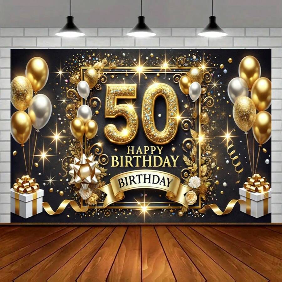 50pcs/Pack Polyester 50th Birthday Party Banner, Multipurpose Celebratory Background, Gold & Black Theme, Suitable For Indoor & Outdoor Events, Holiday Decoration For Indoor, Garden, Studio And Home Celebrations