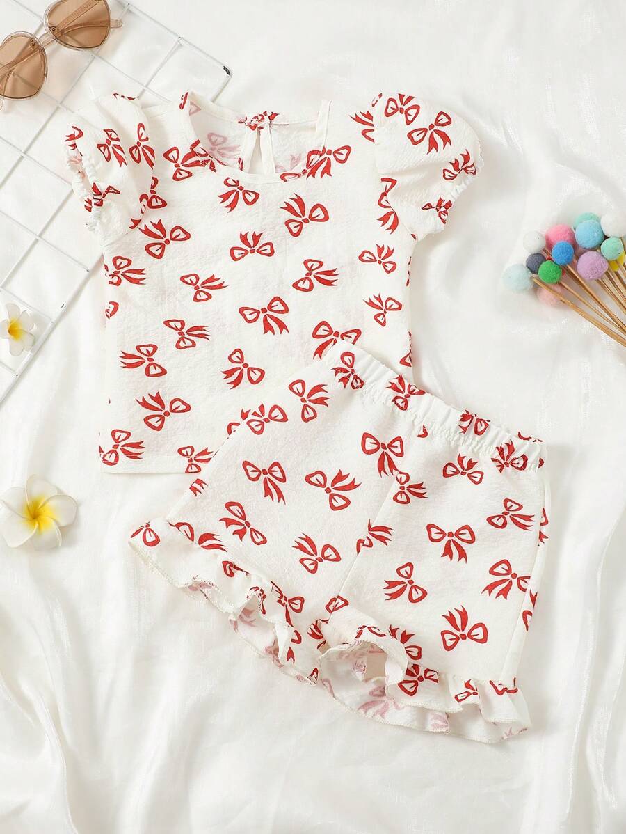 Newborn Baby Girls Butterfly Print Beige&Purple Short Sleeve Top + Ruffle Hem Shorts Set, Elegant And Cute Series, Essential Summer Outfit For Infants