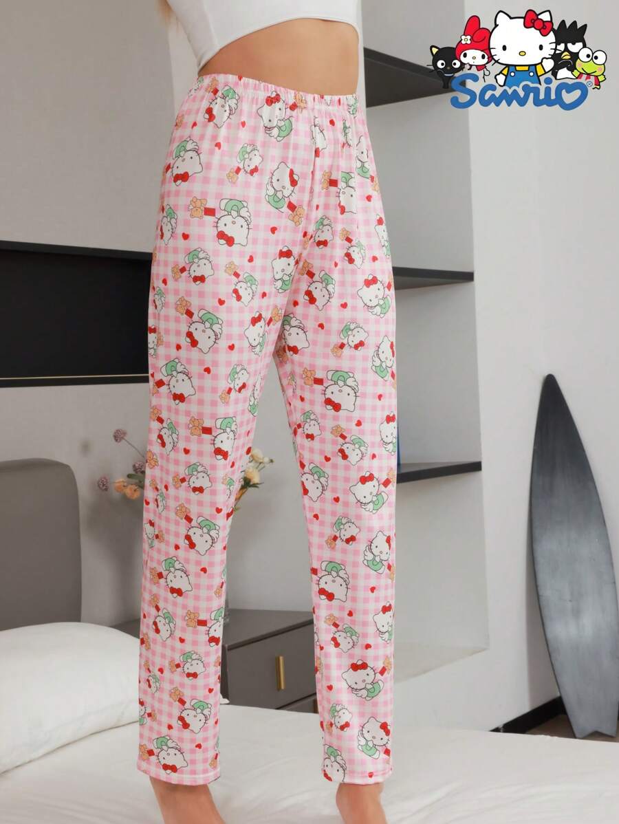 1 pieza Pantalón de pijama para mujer de Sanrio Hello Kitty - Pijama cómodo de dibujos animados, mezcla suave de poliéster y spandex, opaco, cómodo para todas las estaciones, color rosa, pantalón de estar por casa suave y acogedor, ideal para regalo de cumpleaños, fiestas y vacaciones
