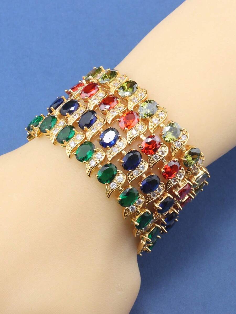 Elegantes Luxus 18K Goldplattiertes Armband mit mehrfarbigen synthetischen kubischen Zirkonia-Steinen, Kupfer-Gliederkette, Hochzeit & Bankett Mode Schmuck für Frauen
