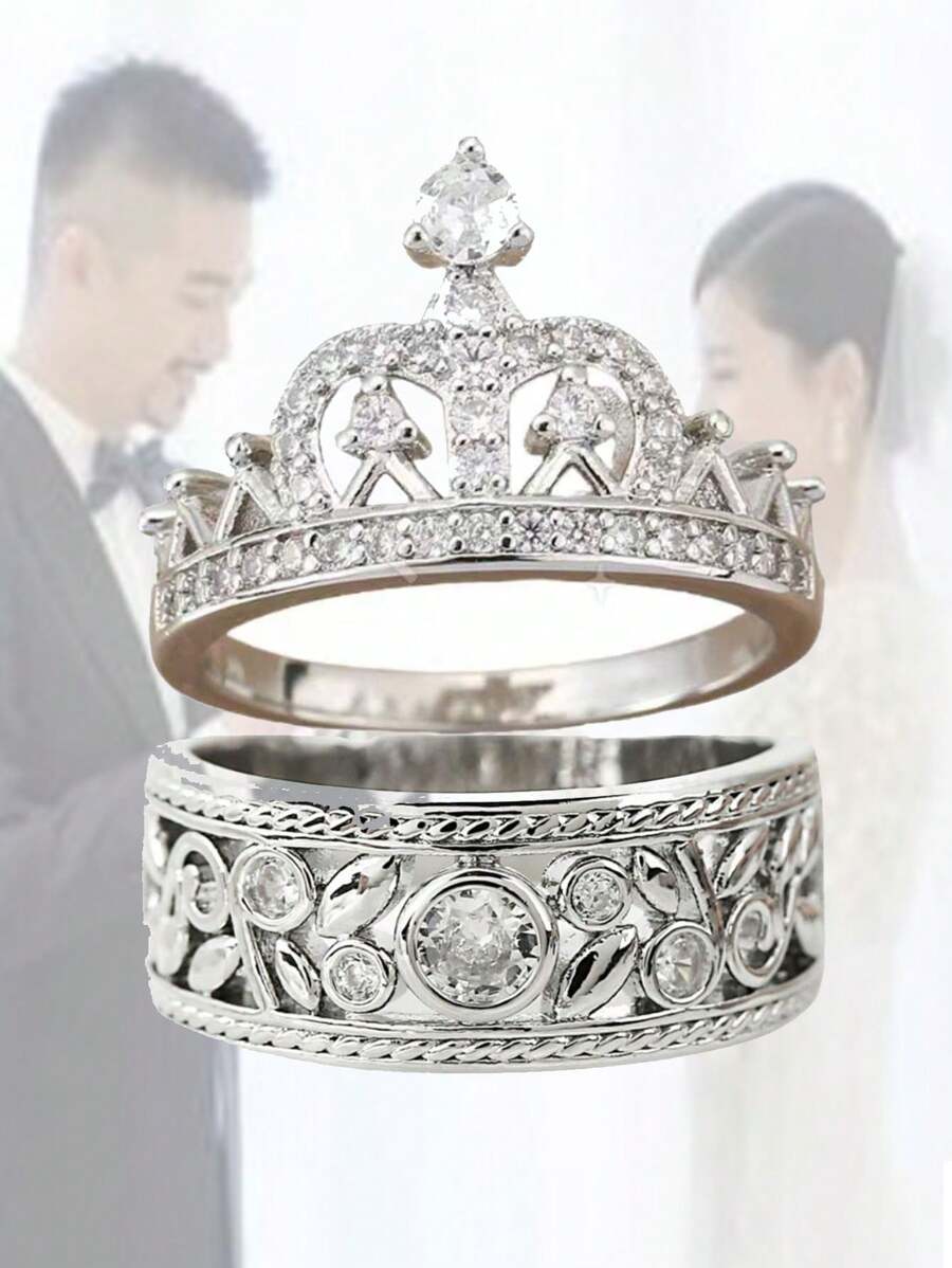 1pc Elegant Handmade Floral Crown Ring With Crystals, Vintage Minimalist Couple Rings For Engagement, Wedding, Valentine's Gift,Mom,Mother,Mother's Day,Gift