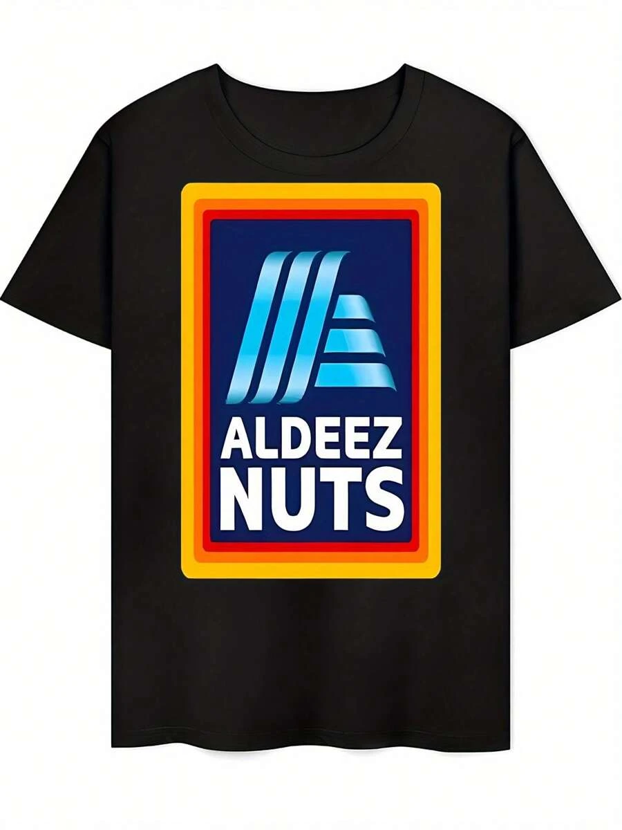 Unisex Casual Athletic Black T - Shirt With "ALDEEZ NUTS" Text And Color - Blocked Logo Graphic