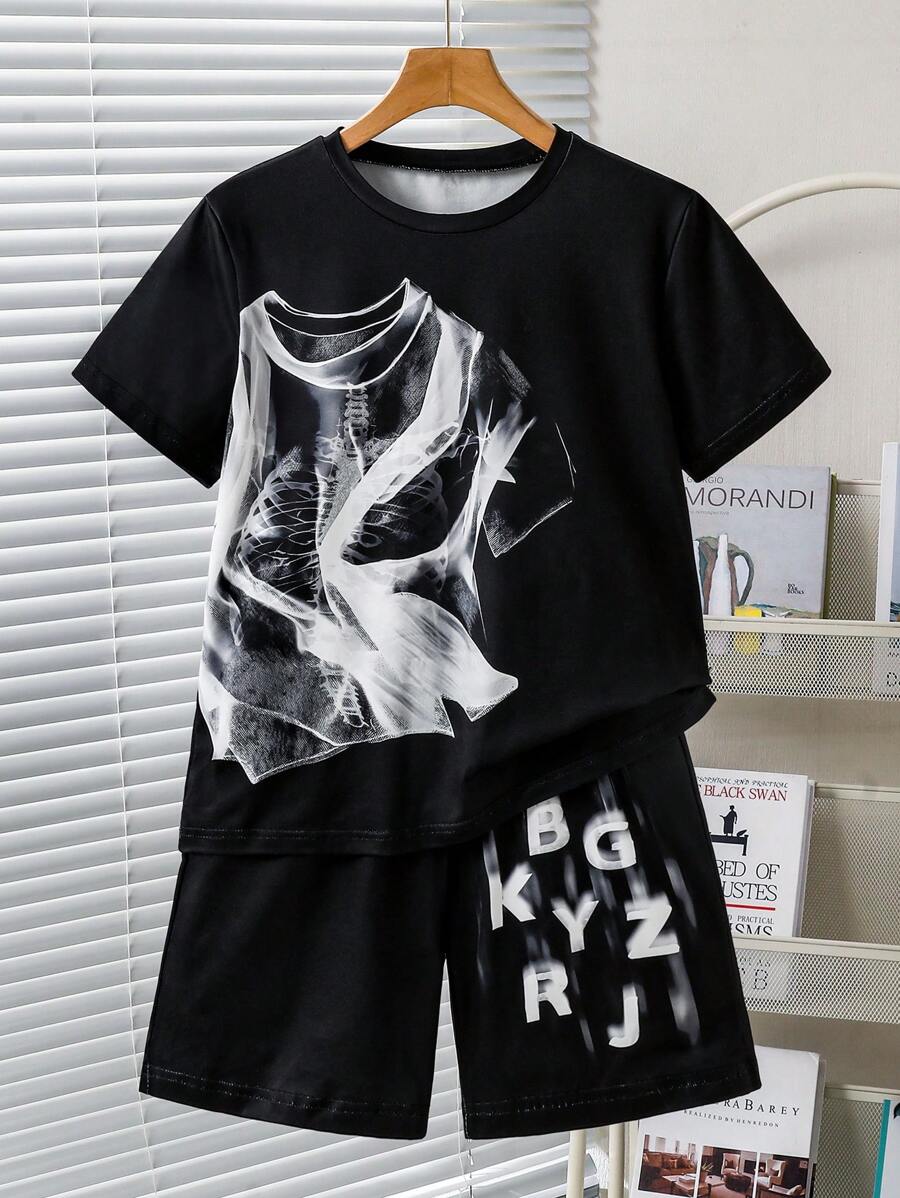 Set composto da maglietta con stampa unica e pantaloncini con stampa a lettere, adatto ai ragazzi, design alla moda e accattivante, tessuto comodo, perfetto per vacanze estive e stile casual