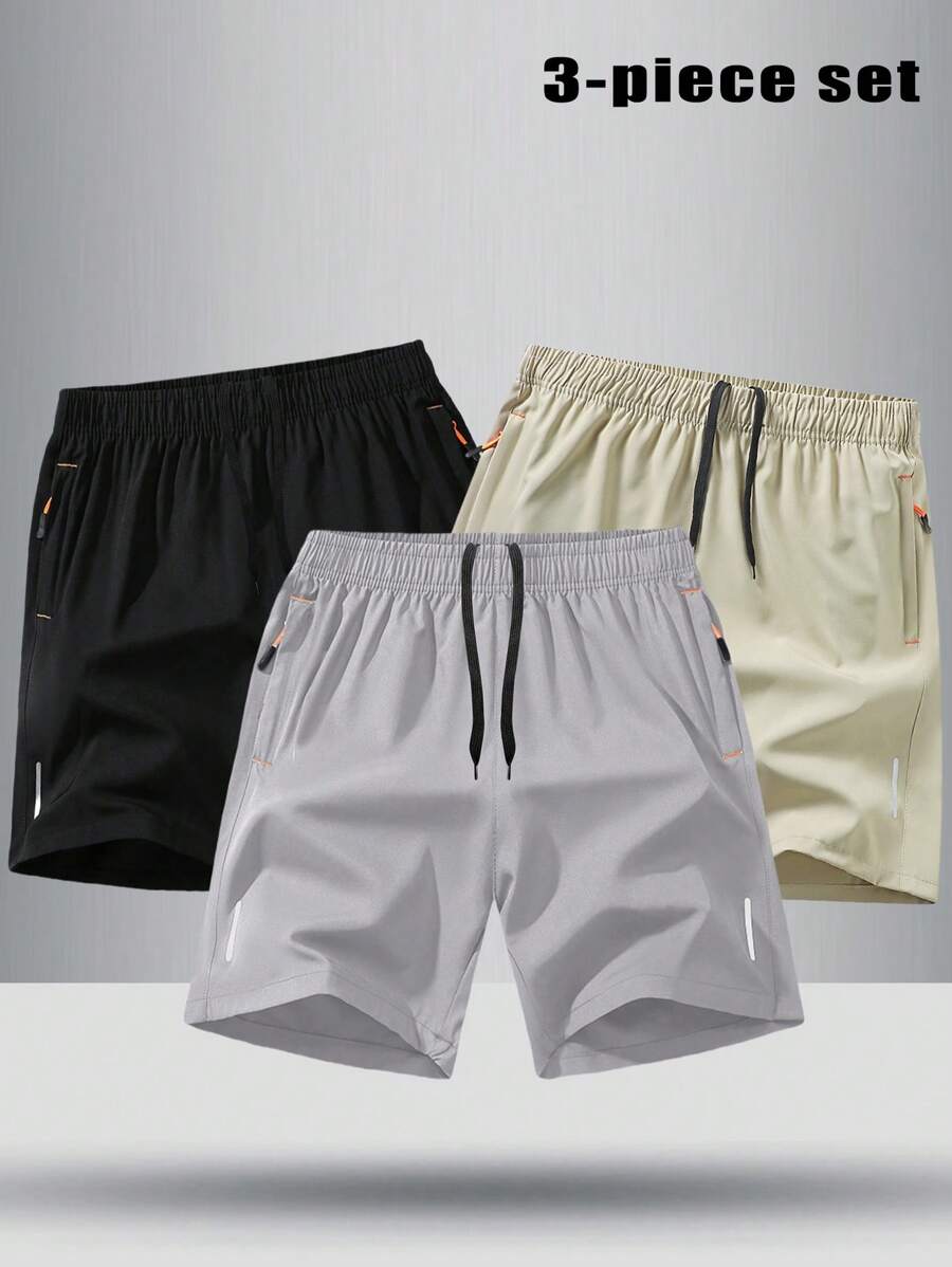 3pcs Men's Summer Sports Shorts, Silky Quick-Drying Casual Fitness Running Shorts