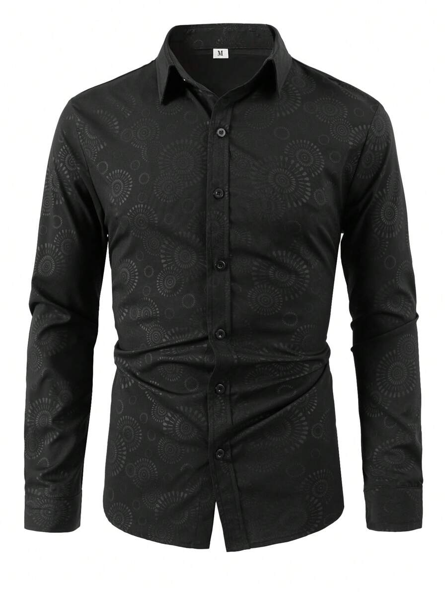 Men's 2024 Casual Geometric Print Single-Breasted Black Long Sleeve Shirt