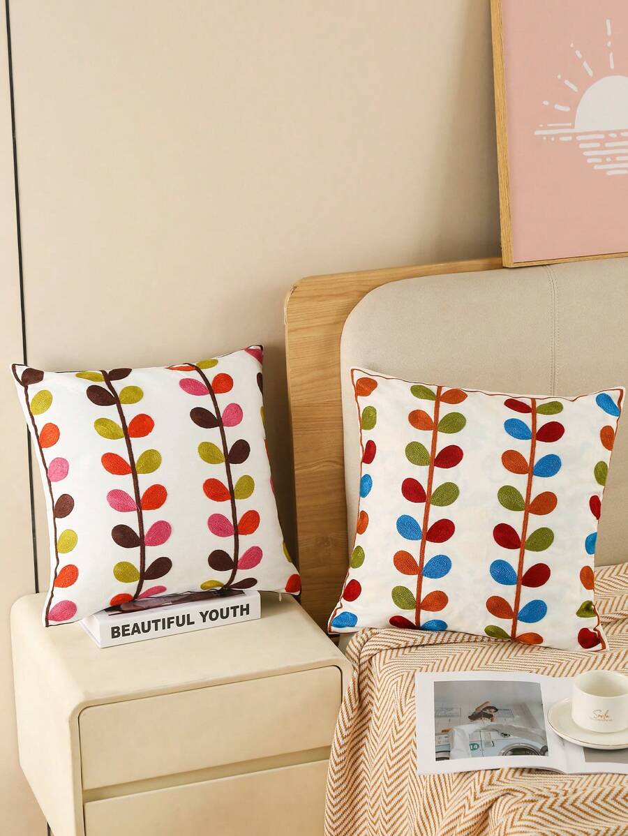 1pc Countryside Style Decorative Pillow Cover, Tree Leaf Embroidery Craft, Without Pillow Insert, Suitable For Living Room Sofa, Bedroom