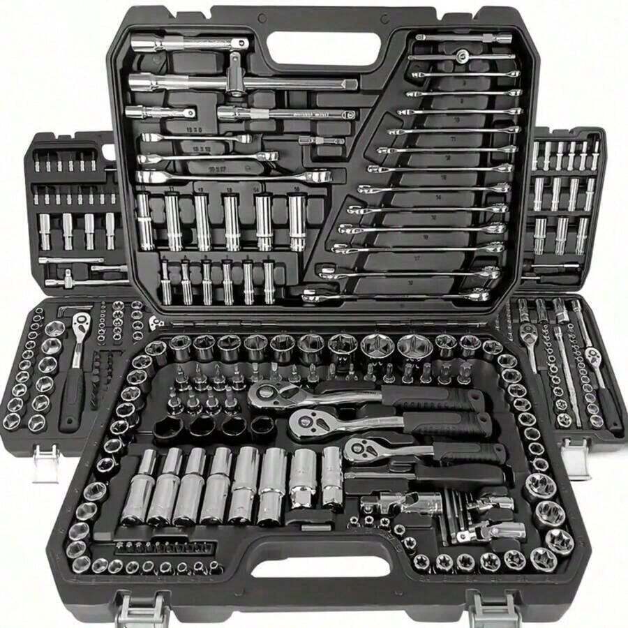 Set completo di 46 strumenti per meccanici - Bussole lunghe e corte da 1/4", 3/8", 1/2", set di chiavi a cricchetto, bussole in acciaio S2 e cromo-vanadio, set da meccanico per auto e uso domestico, incluse chiavi combinate, accessori e cassetta portautensili