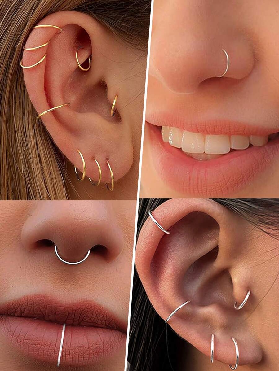 1 par de pendientes de aro de plata de ley 925 para orejas, aros simples para el piercing de orejas y nariz, aros para el labio para mujeres, uso diario para mujeres, el mejor regalo para novias, madres y hermanas