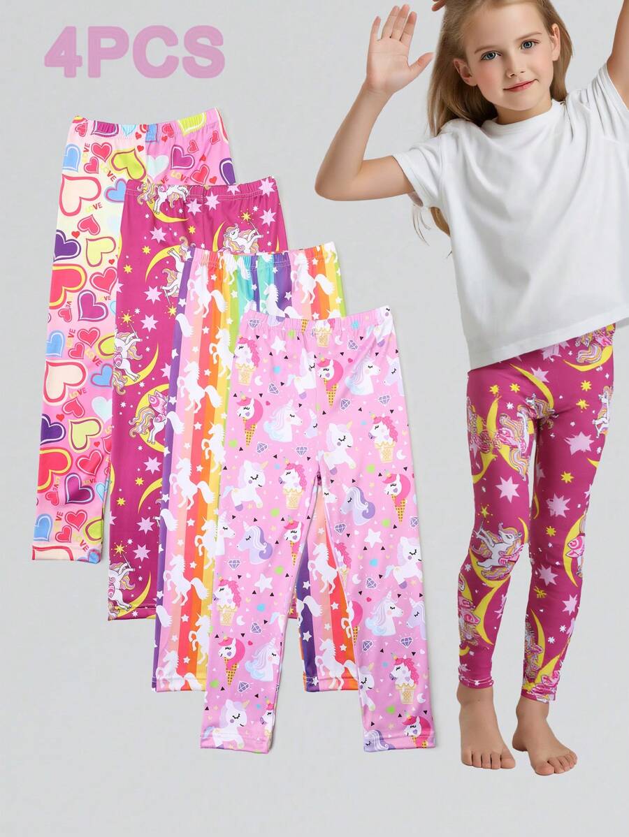 4pcs/Pack Girls Unicorn Print Leggings, Rainbow Pony Pattern Ankle Pants, Comfortable 7/8 Trousers, Suitable For Daily Wear, Spring/Summer