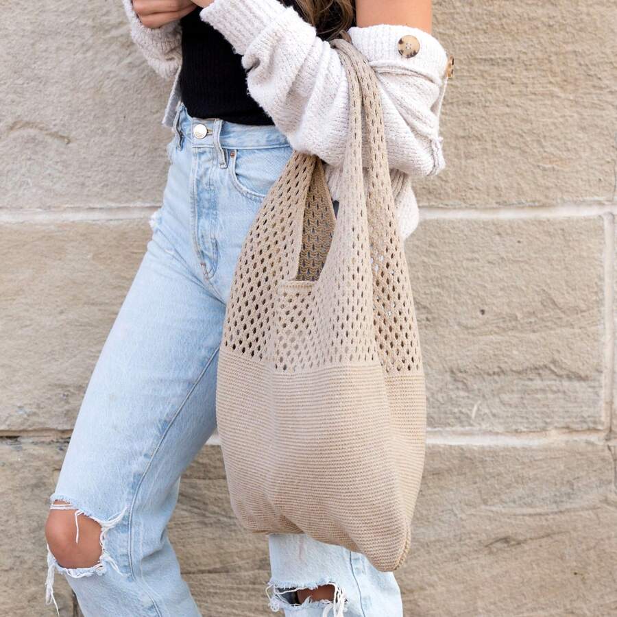 Women's Fashionable Minimalist Hollow Knit Tote Bag, Minimalist Solid Color Soft Knitted Shoulder Bag, Large-Capacity Crochet Hobo Bag, Beach Bag Crochet Woven Handbag, All-Match Daily Use Shopping Bag For Women, Knitted Bags, Woven Bags, Shoulder Bags, Tote Bags, Bohemian Bags Crossbody Bags For School, College, Outdoor, Travel, Outing, Vacation, Shopping Knitted Bag, Perfect For Music Festivals, Perfect For Beach Vacation, And Vacation Essentials