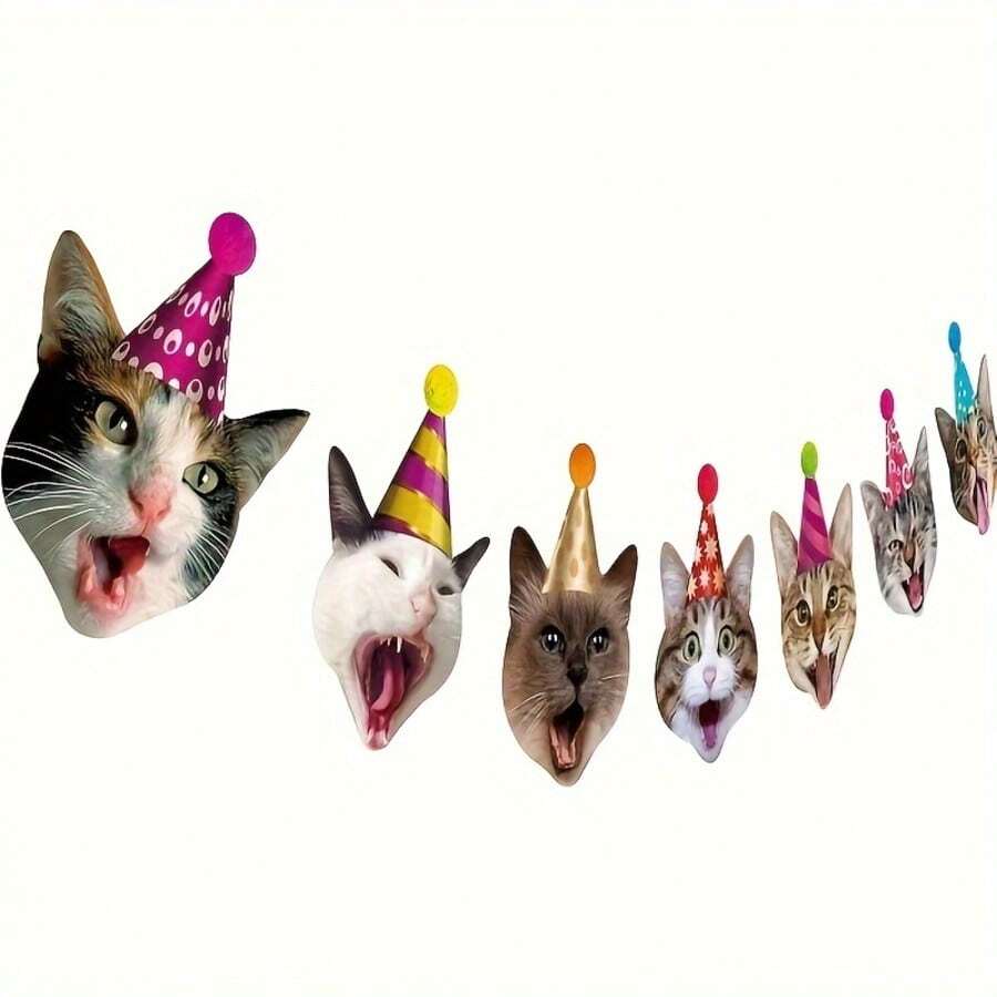 Pancarta de feliz cumpleaños con guirnalda de caras de gato, decoraciones divertidas para fiesta de cumpleaños con gatitos, letrero de cumpleaños dorado, decoración de banderines para fiesta de cumpleaños
