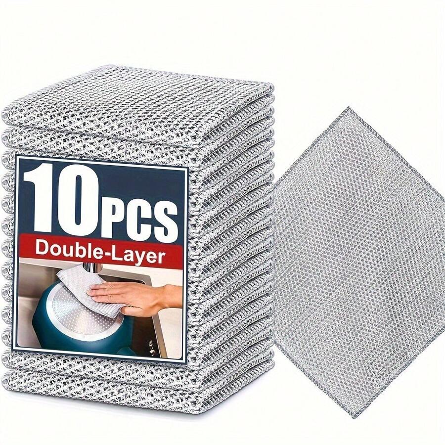 10pcs Magic Steel Fleece Cleaning Pads - Double-Layer, Reusable & Non-Stick | Powerful Rust Remover | Versatile For Wet/Dry Use | Non-Scratch Scouring Pads For Dishes & Kitchen