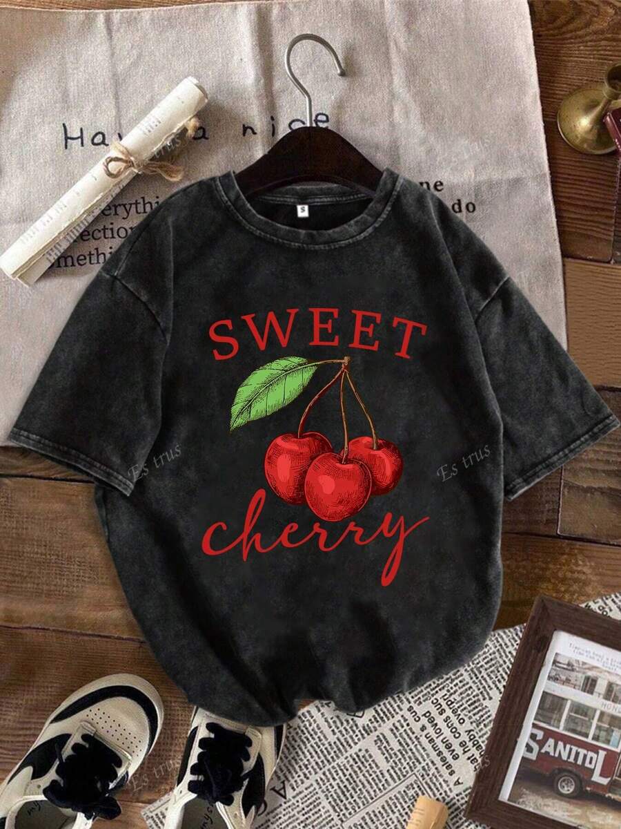 Magliette grafiche in stile Hip-Hop con stampa divertente "Lettera Ciliegia", in cotone, stile coreano, abiti vintage comodi e casual, adatti a qualsiasi occasione, stile Y2K, abbigliamento streetwear per donne, moda di nicchia, abiti Y2K per donne, punk e grunge, magliette lavate con maniche corte