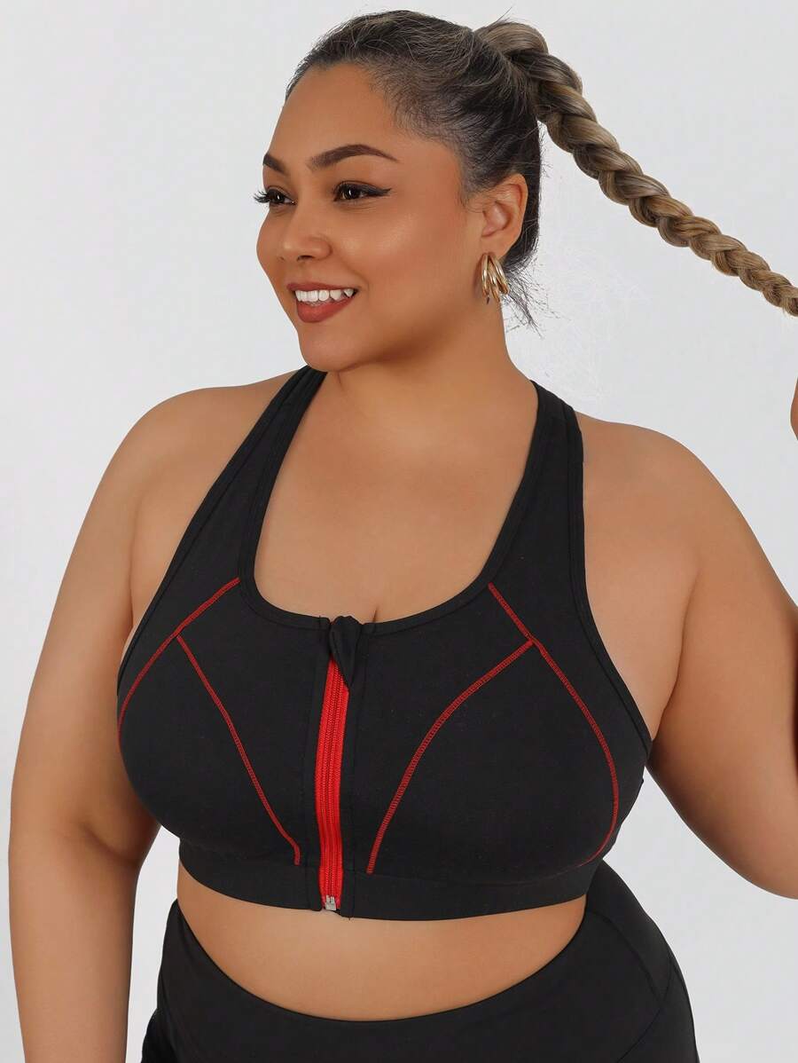Plus Size Front Zip High Impact Color Block Sports Bra