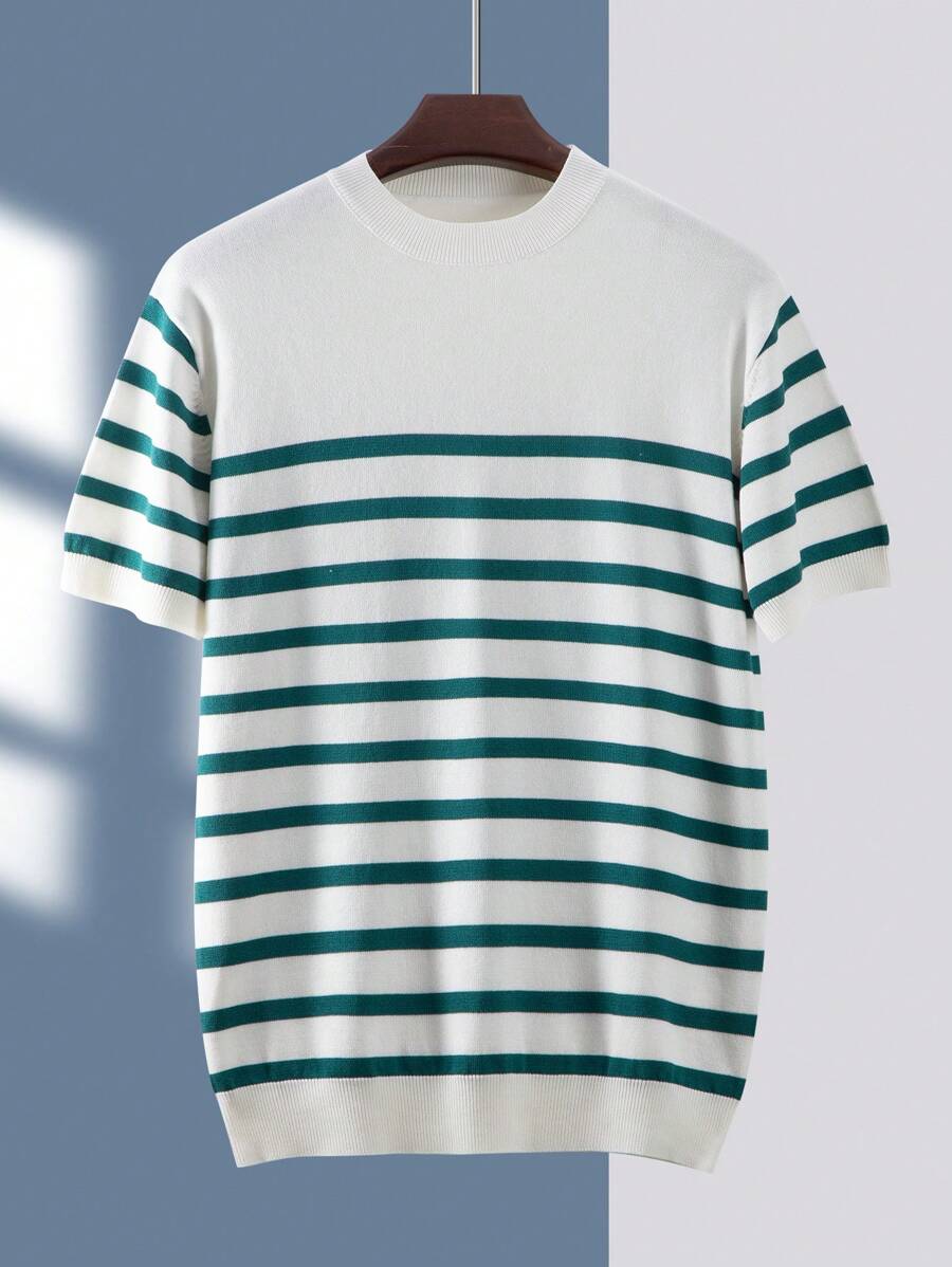 Top de malha listrado casual masculino de manga curta