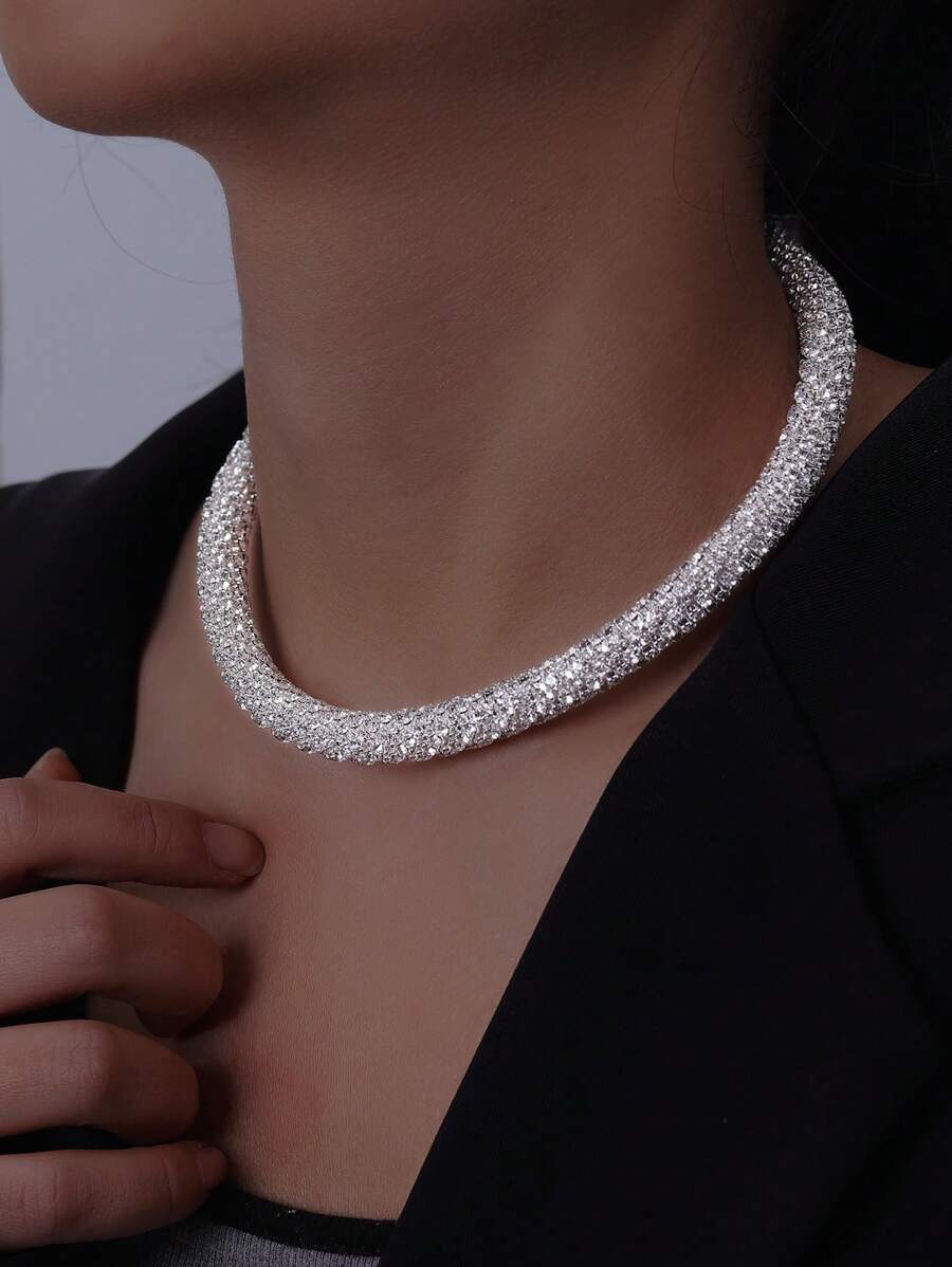 1pc Elegant Luxury Rhinestone Clavicle Chain Necklace, Glamour High-End Alluring European-American Sparkling Necklace, Suitable For Weddings, Parties, Daily Wear, Gift For Girlfriend, Wife, Mother
