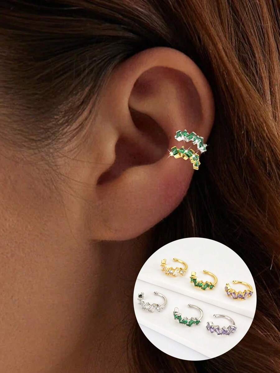 1PC S925 Sterling Silver Earless Hole Ear Clip For Girls, Exquisite Jewelry, C-Shaped Earrings, Emerald Zirconia, White Zirconia, Purple Zirconia Ear Clip For Girls, Party Wear The Best Gift For Girlfriend, Mother, Sisters