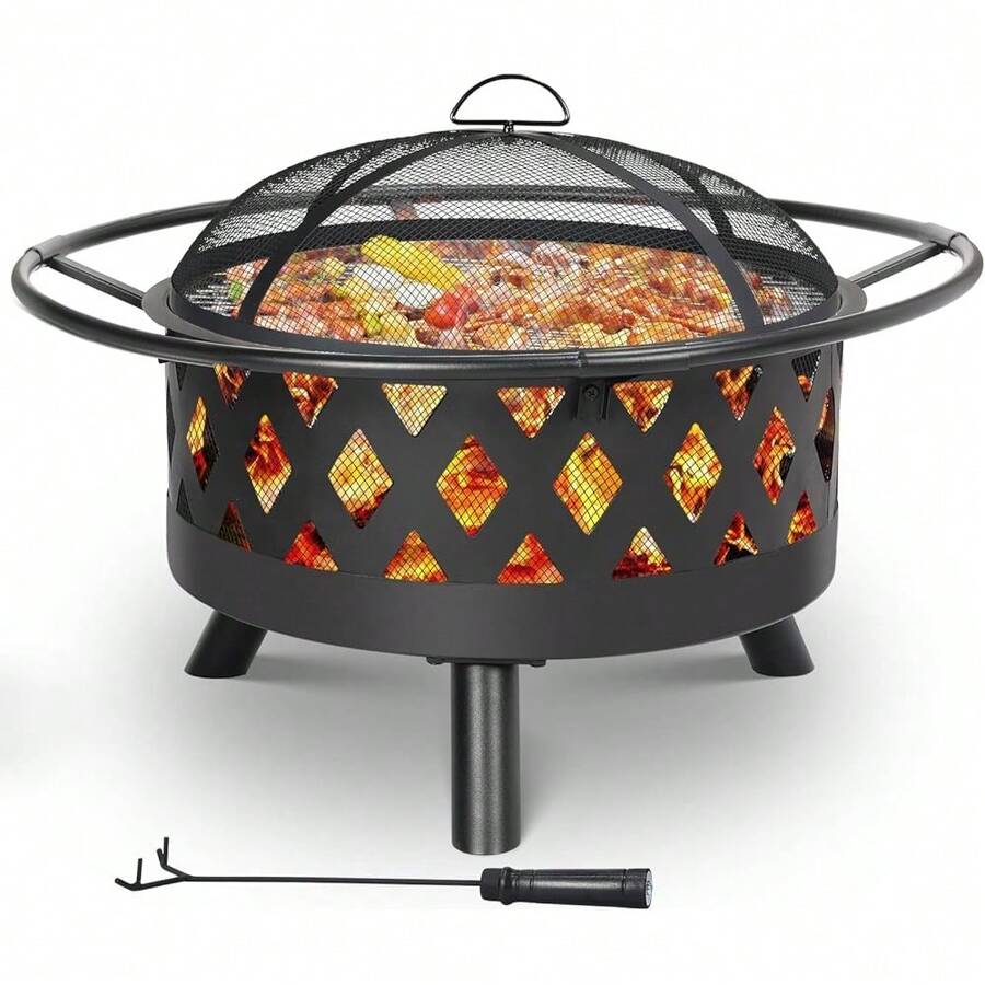 Feuerschale, Ø 76cm Feuerkorb mit Funkenschutz und Schürhaken, Feuerschalen für den Garten Groß, Feuerstelle mit Grill, BBQ Feuerstelle Outdoor, Retro-Look Fire Pit, Multifunktional Feuerkorb