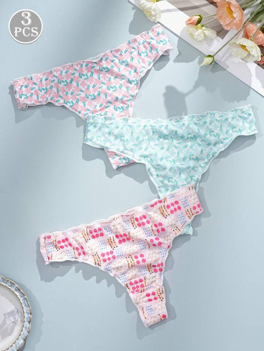 3 Pieces Women's Panties Cherry, Floral Thong, Sexy, Sweet, Comfortable Women's Thongs