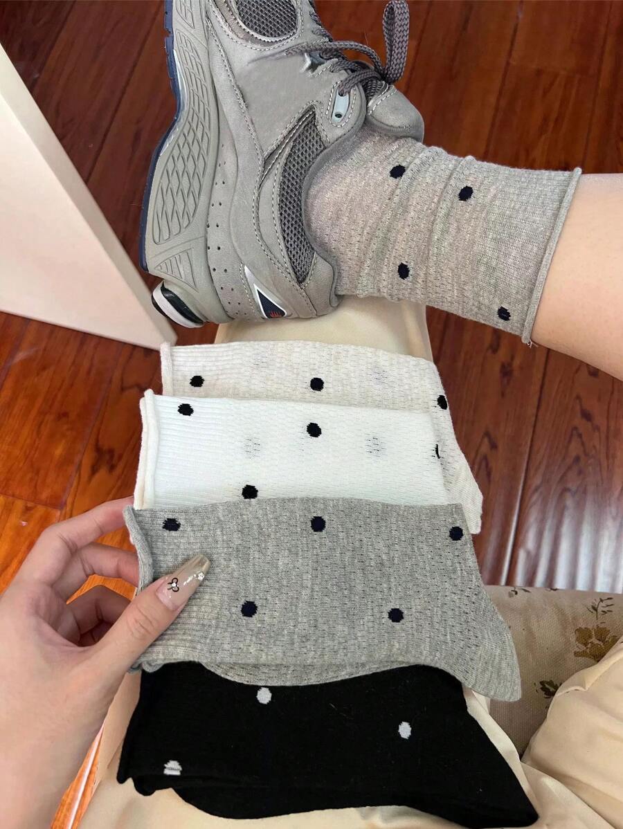 3 Pairs Women Summer Thin Polka Dot Net Yarn Breathable Cuff Rolled Short Socks, Korean Style