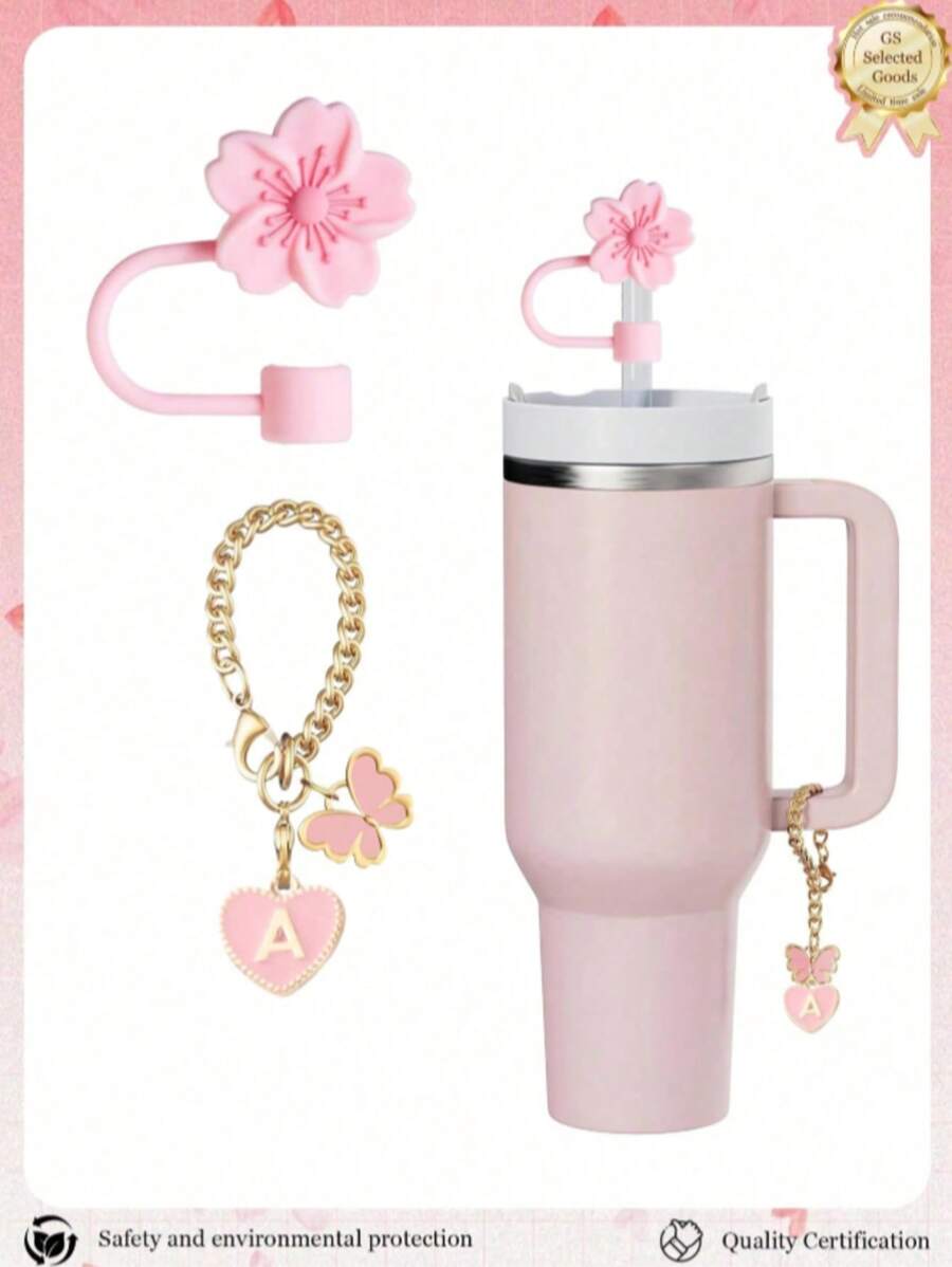 2pcs/Set Accessories For 30-40oz Cups, Pink Letter Cup Marker And Silicone Fuchsia Flower Straw Lid, Silicone Anti-Slip Protective Cover, Reusable 10mm Thick Straw Lid, Cute Letter Decor Fits Modern Minimalist Glass Cups, Back To School Supplies