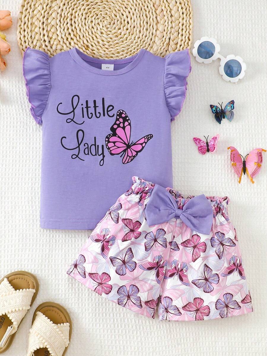 Girls Sleeveless Top & Shorts 2pcs Set, Round Neck Lace Ruffle Sleeve Blouse + Butterfly Print Shorts, Casual Daily Wear For 4-7 Years Old