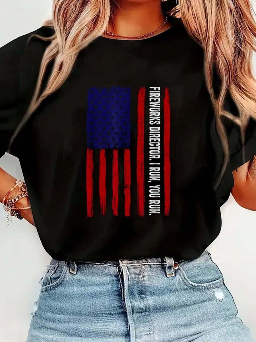 Camiseta con estampado de bandera de EE. UU. Camiseta casual de cuello redondo de manga corta para primavera y verano Ropa de mujer
