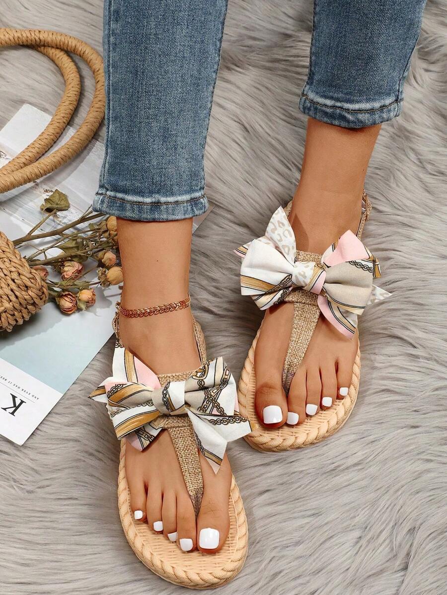 Summer Casual Versatile Flat Linen Bow Decor Sandals, Women Flat French Style Slide Sandals, Beach Slippers