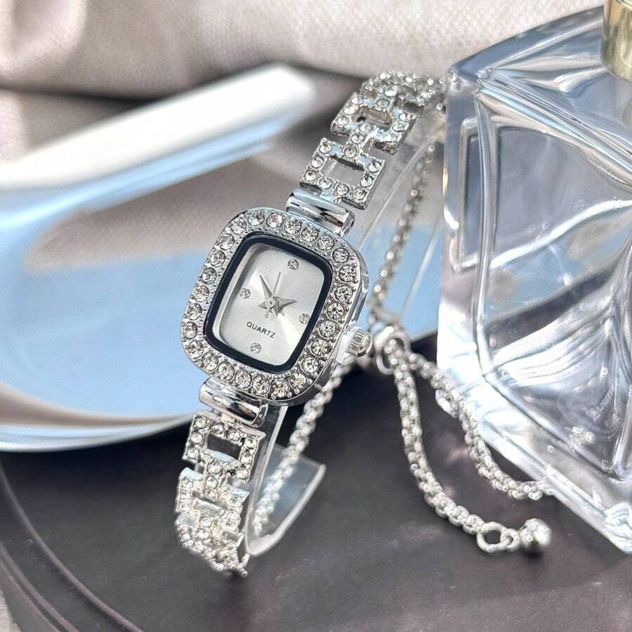 1 pieza Reloj de mujer con caja cuadrada de plata, esfera con escala de diamantes, diseño cuadrado con diamantes incrustados, cadena ajustable, movimiento de cuarzo, estilo hip-hop