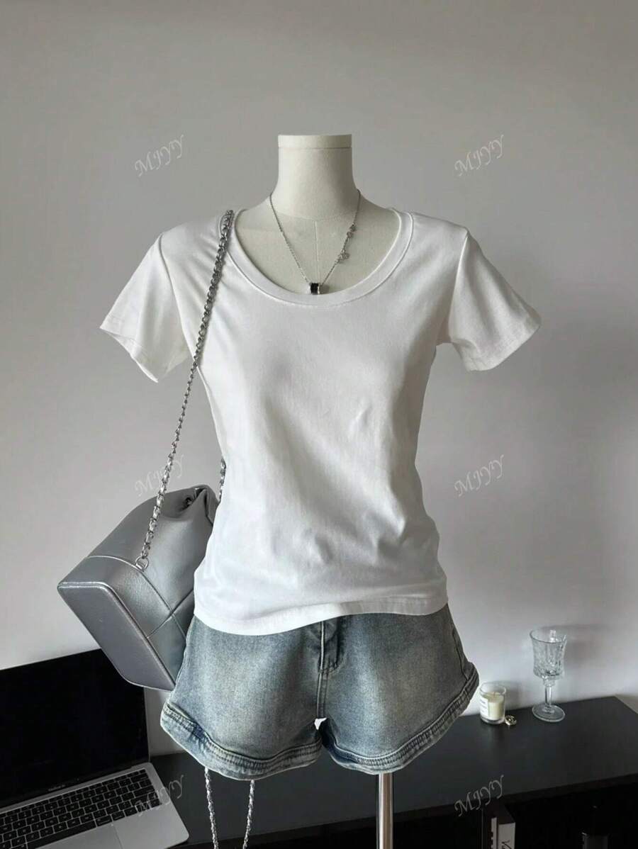 American Style Short Sleeve Crew Neck Fitted T-Shirt For Women, Spring/Summer, New White Casual Top
