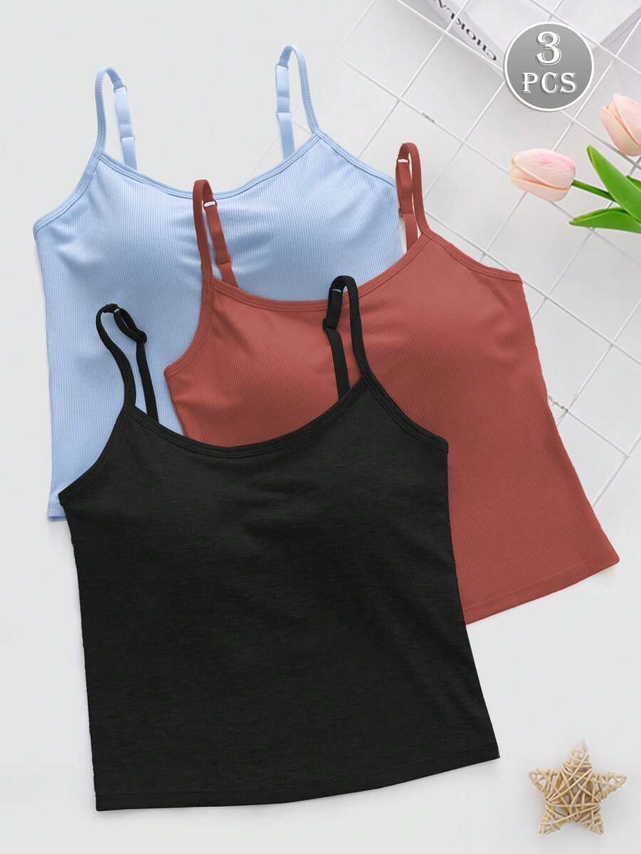 3 piezas Mujeres Camisola de unicolor acanalado con busto acolchado, top de tank casual y sexy crop