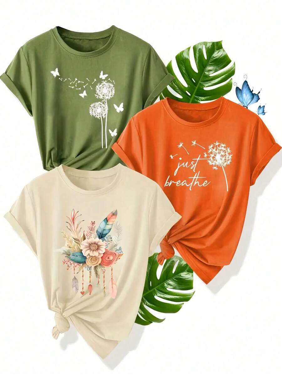 3 Pieces Mixed Pack Retro Style Letter Print Comfortable T-Shirt, Casual Crew Neck Short Sleeve Sports Tops For Summer, Women's Clothing