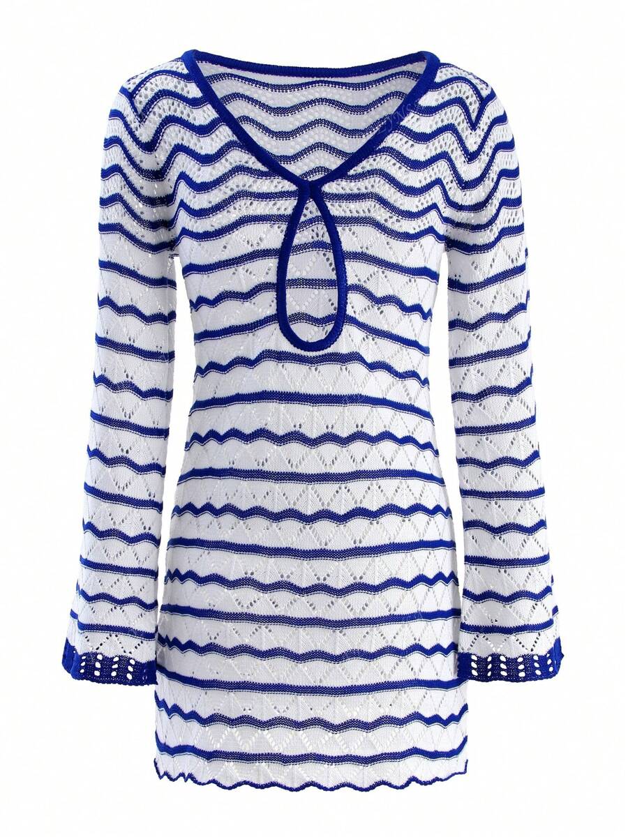 Sexy Striped Chic V-Neck Cut Out Bell Sleeve Knit Mini A-Line Dress 2025 Summer Women Seaside Holiday Swimsuit Cover Up