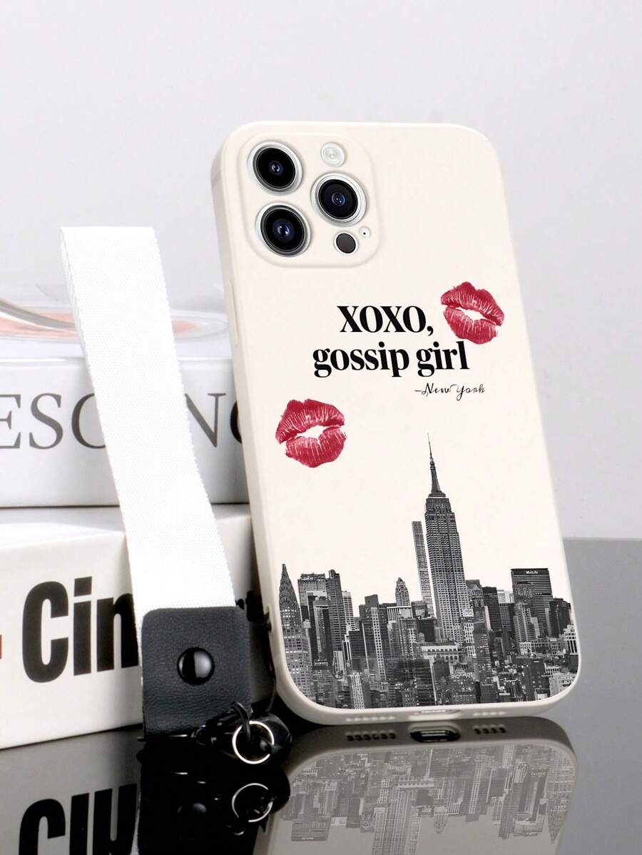 1pc White TPU Lip Print New York Pattern Shockproof Phone Case And 1pc White Lanyard Wrist Strap Compatible With IPhone/Android Phones, Including IPhone 16 Pro Max, A14, A54, A52, A31 4G, A23, Redmi Note 8 Pro, Redmi Note 11 Pro 4G, Redmi Note 12 4G, OPPO A54