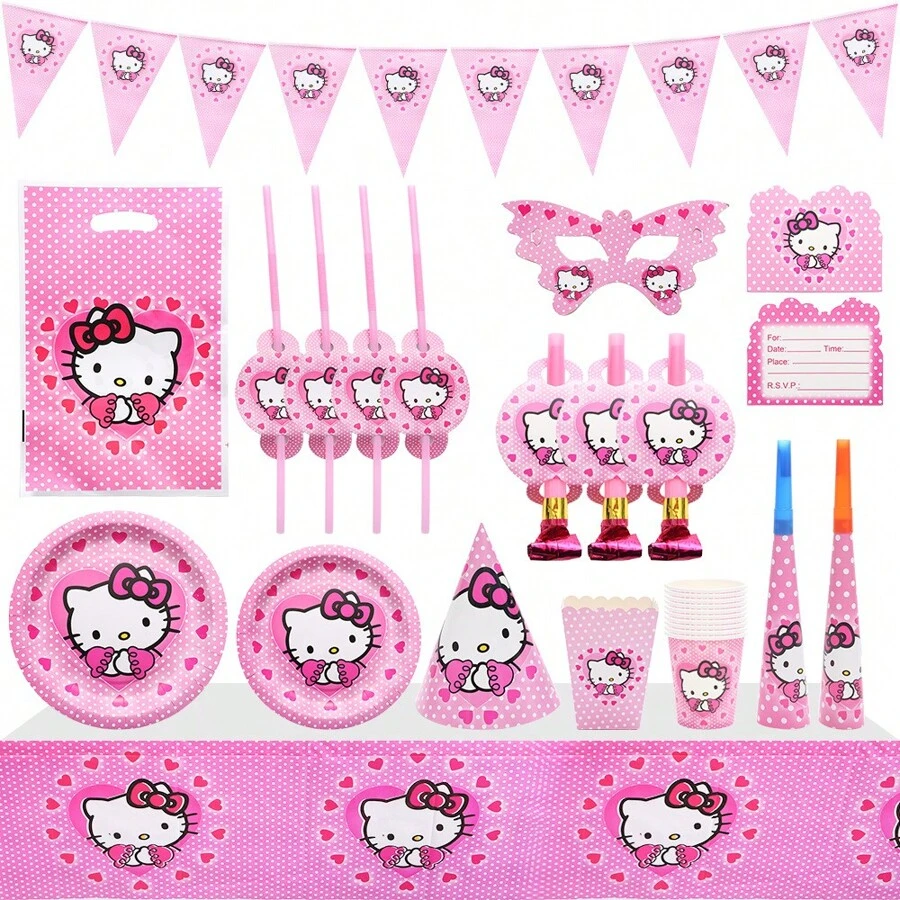Sanrio Suministros para fiestas de cumpleaños temáticas de Anime Hello Kitty en color rosa, decoraciones de Año Nuevo como banderines, bolsas de regalo, vasos, platos y pañuelos desechables de papel