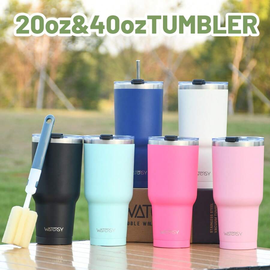 watersy 1 Stück WATERSY 20oz 40oz Thermobecher mit Deckel, doppelwandiger vakuumisolierter Edelstahltumbler, isolierter Kaffeebecher, pulverbeschichteter Thermosbecher mit Deckel, Strohhalm und Reinigungsbürste, spülmaschinenfest