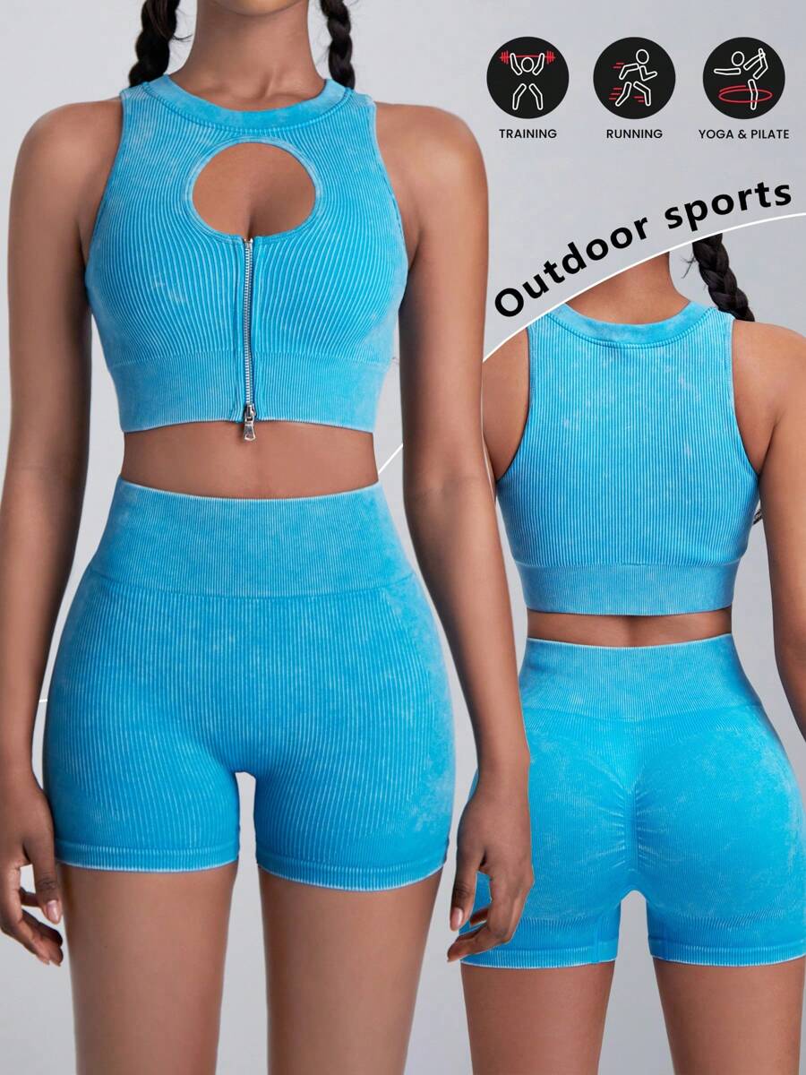 2 Pieces Seamless Yoga Suit Exercise Set Ribbed Brushed Knit Tank Top Wide Belt Tummy Tuck Shorts Tennis Wear Fitness Ladies Suit
