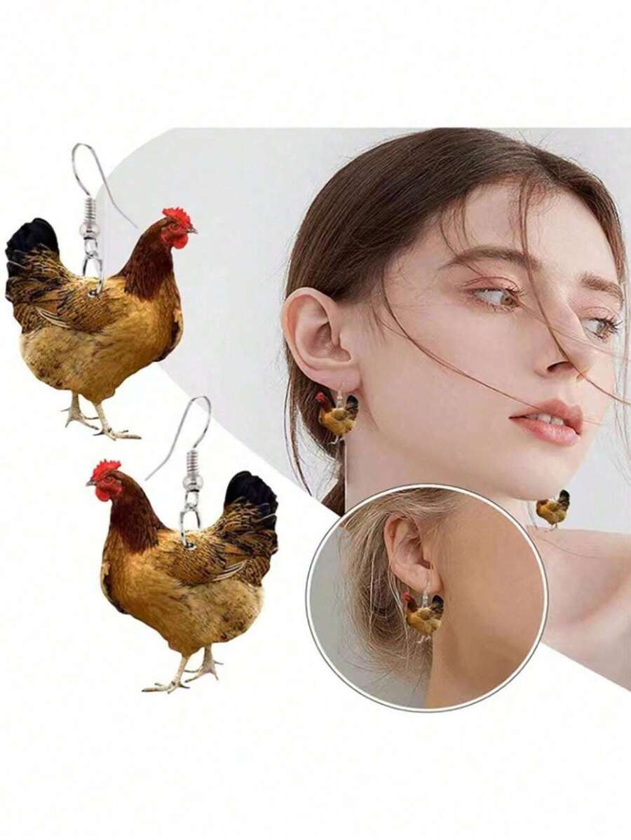 1 pereche de cercei acrilic creativi, exagerați și amuzanți, stil european și american, cârlig pentru ureche la modă, pandantiv în formă de pui de animale drăguț și umoristic