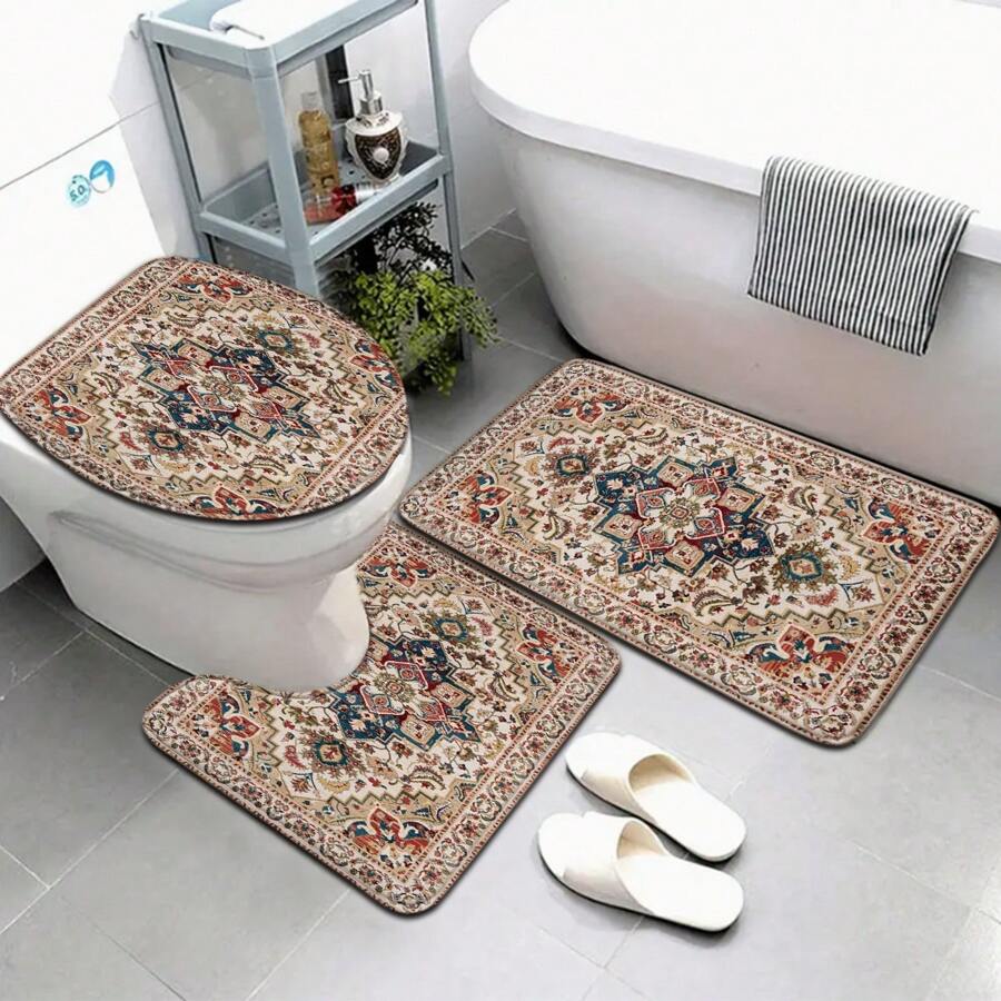 3pcs Colorful Pattern Soft Toilet Mat, Bathroom, Toilet, Bedroom Floor Mat