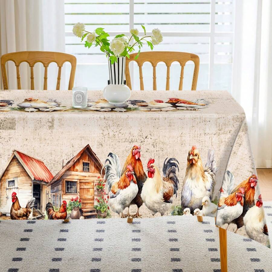 1pc Watercolor Chicken Nest Tablecloth - Polyester Fiber, Rectangular, Farmhouse Chicken Nest Design For Spring/Summer, Suitable For Home Kitchen Table, Dining, Picnic Decor